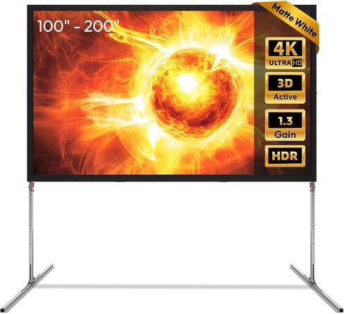 شاشة عرض خارجية من NothingProjector مع حامل، قابلة للطي مقاس 120 بوصة | ربح 1.3، دقة 4K UHD 16:9، إعداد قابل للطي لمدة 3 دقائق، إطار من خليط معدني، سهل التركيب للتخييم، ليلة مشاهدة الأفلام في الفناء الخلفي، مسرح منزلي داخلي in Kuwait