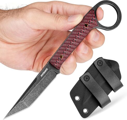7.3" EDC Fixed Blade Knife with Sheath, Full Tang 5Cr14MoV Camping Knife, Green G10 Handle, Finger Ring Design, Horizontal/Vertical Carry, Outdoor Survival Gift for Men in Saudi Arabia