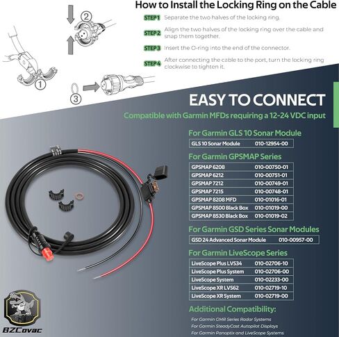 كابل طاقة ملولب 010-11425-01 - كابل طاقة GLS 10 لنظام Garmin LiveScope، ووحدات GSD Sonar، وGPSMAP MFDs، مع حلقة قفل متضمنة in Kuwait