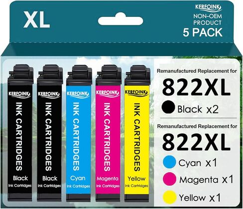 بديل معاد تصنيعه لخراطيش الحبر Epson 822 822XL 822 XL | مع طابعة Workforce Pro WF-3820 WF-3823 WF-4820 WF-4830 WF-4833 (2 أسود سماوي أرجواني أصفر، 5 عبوات) in Kuwait