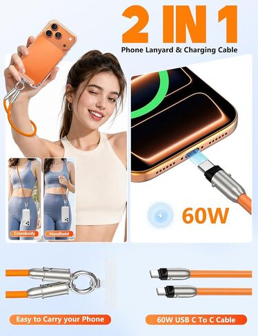 Cabepow 2 in 1 USB-C Lanyard Cable for iPhone & Samsung, 2 Pack - Orange | USB-C To USB-C Cable, 60W PD Fast Charge, Silicone Anti-Lost Strap, 1FT Wrist & 4FT Crossbody, for iPhone 17/16/15 & Samsung in Saudi Arabia