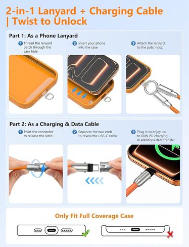 Cabepow 2 in 1 USB-C Lanyard Cable for iPhone & Samsung, 2 Pack - Orange | USB-C To USB-C Cable, 60W PD Fast Charge, Silicone Anti-Lost Strap, 1FT Wrist & 4FT Crossbody, for iPhone 17/16/15 & Samsung in Saudi Arabia