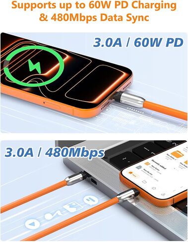 Cabepow 2 in 1 USB-C Lanyard Cable for iPhone & Samsung, 2 Pack - Orange | USB-C To USB-C Cable, 60W PD Fast Charge, Silicone Anti-Lost Strap, 1FT Wrist & 4FT Crossbody, for iPhone 17/16/15 & Samsung in Saudi Arabia
