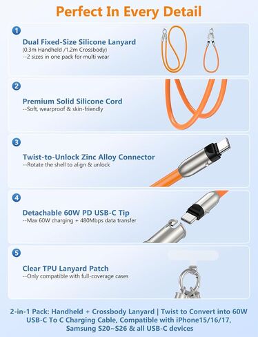 Cabepow 2 in 1 USB-C Lanyard Cable for iPhone & Samsung, 2 Pack - Orange | USB-C To USB-C Cable, 60W PD Fast Charge, Silicone Anti-Lost Strap, 1FT Wrist & 4FT Crossbody, for iPhone 17/16/15 & Samsung in Saudi Arabia
