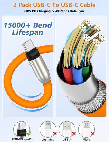 Cabepow 2 in 1 USB-C Lanyard Cable for iPhone & Samsung, 2 Pack - Orange | USB-C To USB-C Cable, 60W PD Fast Charge, Silicone Anti-Lost Strap, 1FT Wrist & 4FT Crossbody, for iPhone 17/16/15 & Samsung in Saudi Arabia