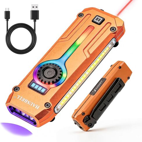 Flat EDC Rechargeable UV Flashlight, Tactical Magnetic LED Small Work light | HAUSBELL 1800 Lumens Pocket Stepless Dimming, Stainless Steel Body, Red Laser, USB-C Camping Light for Emergency Outdoor Home in Kuwait