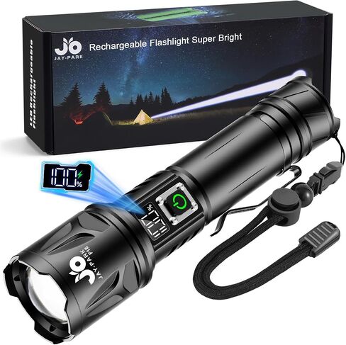 JAY-PARK High Lumen Flashlight 100000 Lumen Rechargeable 5000mAh Battery | LCD Display, Zoom Long Beam (3000m), IP67 Waterproof, 5 Modes & Belt Clip - for Camping, Dog Walking, Adventure, Everyday Use in Kuwait