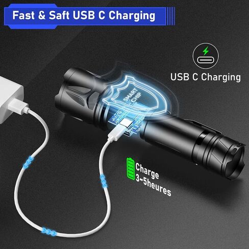 JAY-PARK High Lumen Flashlight 100000 Lumen Rechargeable 5000mAh Battery | LCD Display, Zoom Long Beam (3000m), IP67 Waterproof, 5 Modes & Belt Clip - for Camping, Dog Walking, Adventure, Everyday Use in Kuwait
