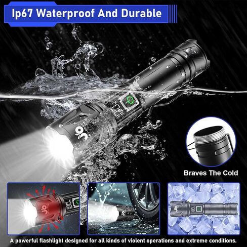 JAY-PARK High Lumen Flashlight 100000 Lumen Rechargeable 5000mAh Battery | LCD Display, Zoom Long Beam (3000m), IP67 Waterproof, 5 Modes & Belt Clip - for Camping, Dog Walking, Adventure, Everyday Use in Kuwait