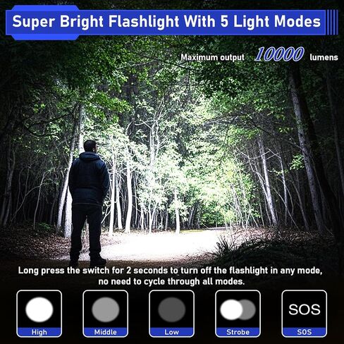 JAY-PARK High Lumen Flashlight 100000 Lumen Rechargeable 5000mAh Battery | LCD Display, Zoom Long Beam (3000m), IP67 Waterproof, 5 Modes & Belt Clip - for Camping, Dog Walking, Adventure, Everyday Use in Kuwait