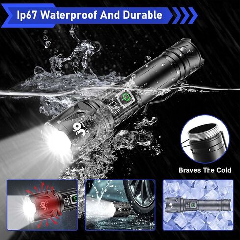 JAY-PARK High Lumen Flashlight 100000 Lumen Rechargeable 5000mAh Battery | LCD Display, Zoom Long Beam (3000m), IP67 Waterproof, 5 Modes & Belt Clip - for Camping, Dog Walking, Adventure, Everyday Use in Kuwait