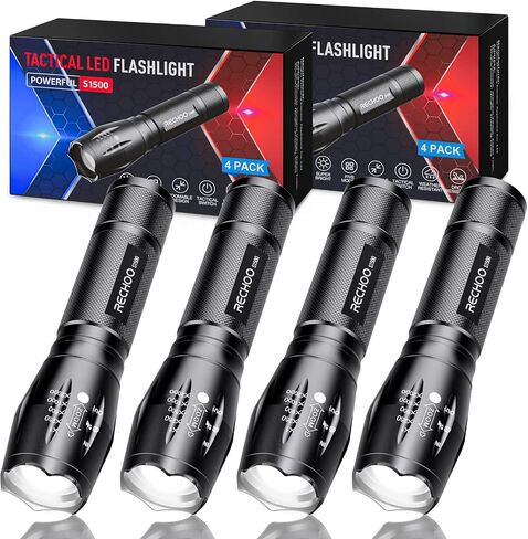 RECHOO Tactical Flashlight 4 Pack, Bright Zoomable LED Flashlight with High Lumens and 5 Modes, Waterproof Portable Pocket Flash Light for Emergency, Camping, and Outdoor Use - S1500 in Saudi Arabia