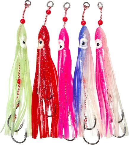 Luminous Squid Soft Baits Saltwater Squid Lures 5pcs Pre-Rigged Glow Squid Jig with Assist Hooks UV Octopus Skirt Lures Night Fishing Saltwater Trolling Hoochies for Salmon, Snapper & Trout in Saudi Arabia