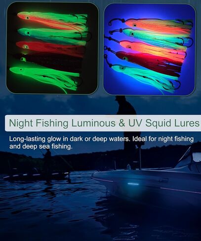Luminous Squid Soft Baits Saltwater Squid Lures 5pcs Pre-Rigged Glow Squid Jig with Assist Hooks UV Octopus Skirt Lures Night Fishing Saltwater Trolling Hoochies for Salmon, Snapper & Trout in Saudi Arabia