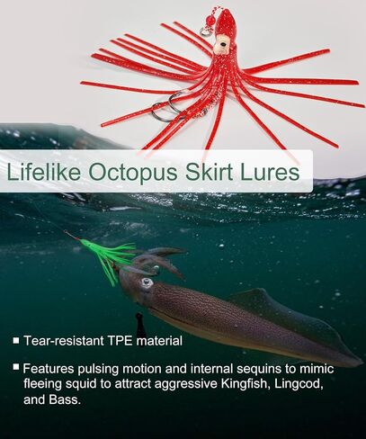 Luminous Squid Soft Baits Saltwater Squid Lures 5pcs Pre-Rigged Glow Squid Jig with Assist Hooks UV Octopus Skirt Lures Night Fishing Saltwater Trolling Hoochies for Salmon, Snapper & Trout in Saudi Arabia
