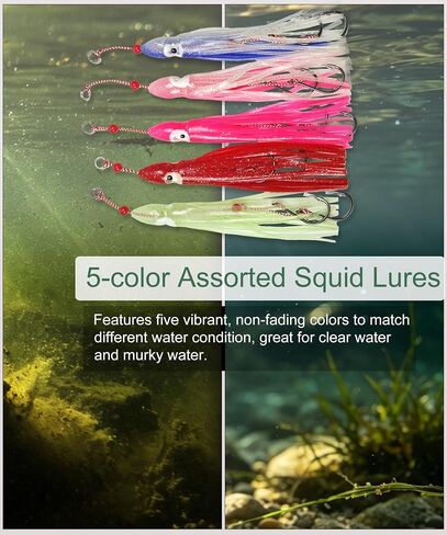 Luminous Squid Soft Baits Saltwater Squid Lures 5pcs Pre-Rigged Glow Squid Jig with Assist Hooks UV Octopus Skirt Lures Night Fishing Saltwater Trolling Hoochies for Salmon, Snapper & Trout in Saudi Arabia