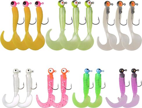 Grub Lures Fishing Jigs Head Hooks Kit- Crappie Jigs Soft Plastic Grub Tail Worm Lure Bait Buster Tubes Baits for Bass Trout Saltwater Freshwater Fishing in Saudi Arabia