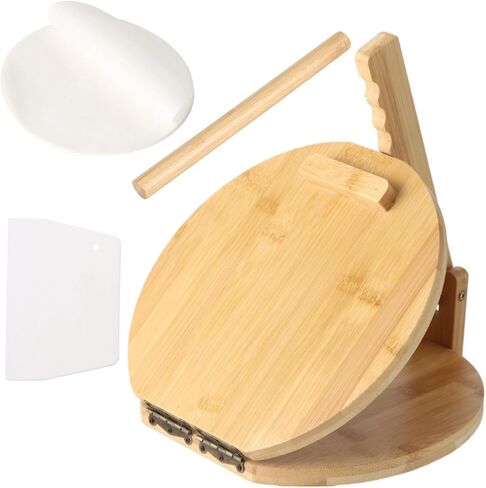 Round Wooden Tortilla Press Kit - 9.8 Inch Mexican Tortillera with Rolling Pin, Scraper & 50 Parchment Papers for Corn Tortillas, Burritos, Tacos in Kuwait
