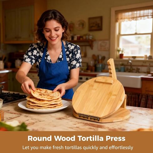 Round Wooden Tortilla Press Kit - 9.8 Inch Mexican Tortillera with Rolling Pin, Scraper & 50 Parchment Papers for Corn Tortillas, Burritos, Tacos in Kuwait