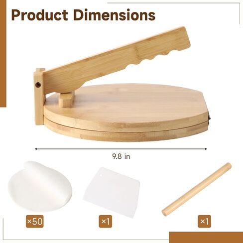 Round Wooden Tortilla Press Kit - 9.8 Inch Mexican Tortillera with Rolling Pin, Scraper & 50 Parchment Papers for Corn Tortillas, Burritos, Tacos in Kuwait