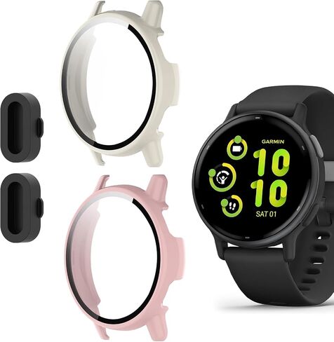 2 Pack Smartwatch Screen Protector Case for Garmin Vivoactive 5 + Dust Plug | riwoauoo Anti-Scratch Full Coverage Hard PC Watch Bumper Cover Built-in 9H Tempered Glass Screen Protective Film Shockproof in Saudi Arabia