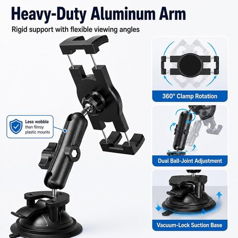 Heavy Duty Aluminum iPad Suction Mount for Truck, Car Tablet Holder Bracket | Anti-Shake Dash Windshield, Thick Case Friendly, Fits 4.7-12.9" iPad Pro Air Mini Samsung, 360° Rotation RV Off-Road Aviation in Saudi Arabia