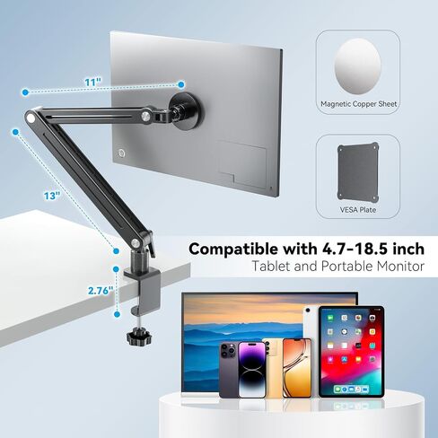 Magnetic Portable Monitor 75mm VESA Mount Arm Screen Holder Stand Clamp | Magnetic VESA,Solid Aluminum,Hold up to 4.4 lbs,Tool-Free,360° Rotation,8.3"-18.5",Foldable,Portable,Cable Clips in Kuwait