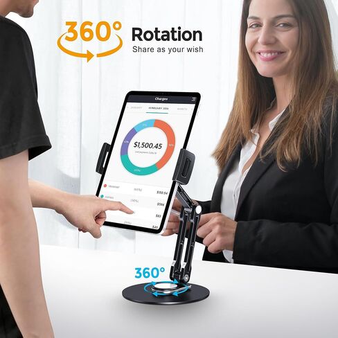 Tablet Stand Holder for iPad, Adjustable with 360 Rotating Base for Desk, Aluminum Swivel Tablet Stand Compatible with iPad Air, Mini, 10.2,9.7, Pro 11/13 and More, Black | with 360 Rotating Base, Adjustable iPad Stand Compatible with iPad Air, Mini, 10.2 in Saudi Arabia
