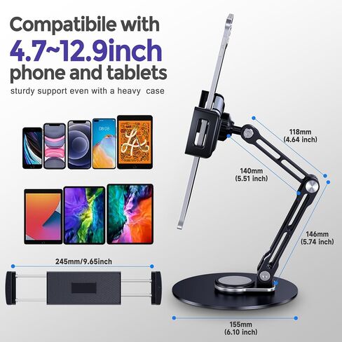 Tablet Stand Holder for iPad, Adjustable with 360 Rotating Base for Desk, Aluminum Swivel Tablet Stand Compatible with iPad Air, Mini, 10.2,9.7, Pro 11/13 and More, Black | with 360 Rotating Base, Adjustable iPad Stand Compatible with iPad Air, Mini, 10.2 in Saudi Arabia