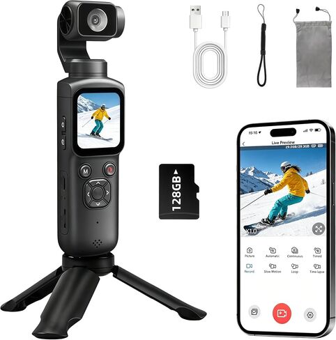 كاميرا جيب لمدونات الفيديو بدقة 4K مع عدسة دوارة بزاوية 330 درجة وتتبع الوجه، كاميرا جيب رقمية محمولة لليوتيوب وتيك توك مع بطاقة 128 جيجابايت، حامل ثلاثي للكاميرا محمول وحقيبة حمل (وردي) in Kuwait