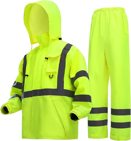 Rain Suits for Men Waterproof，Class 3 Hi Vis Rain Gear with Collapsible Hood， Breathable Safety Rain Jacket with Inner Mesh Lining and pocket，Reflective Waterproof Pants L/XL in Saudi Arabia