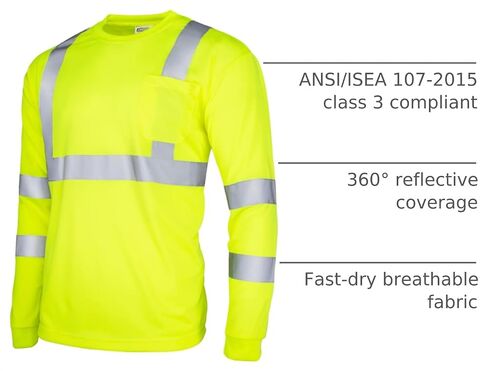 JORESTECH فئة 3 قميص أمان عاكس بأكمام طويلة Hi-Vis | قميص عمل من البوليستر بوزن 130 جرام لكل متر مربع مع شريط عاكس مقاس 5 سم، نسيج ماص للرطوبة، رقبة دائرية، وجيب على الصدر in Kuwait