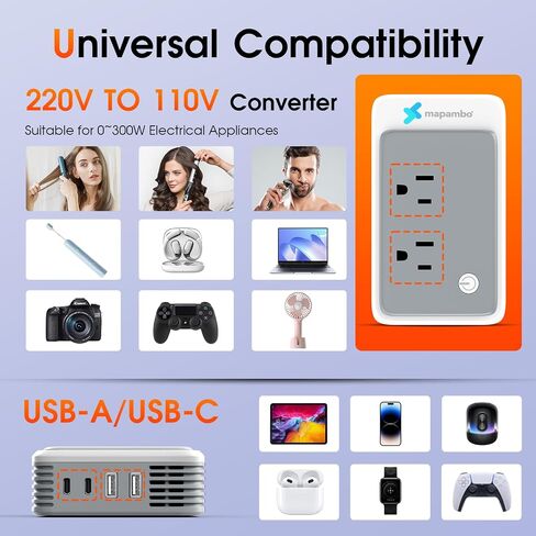 Mapambo 220V to 110V Voltage Converter US to Europe for Curling Iron and Hair Straighteners, Power Converter for European Travel Plug Adapter with 2 USB A & 2 USB C Ports（Grey） in Saudi Arabia