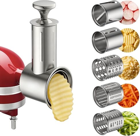 5-in-1 Stainless Steel Slicer Shredder Attachment Compatible with KitchenAid Stand Mixers, Cheese Grater Attachment, Vegetable Shredder, Salad Maker with 5 Cutting Blades, Dishwasher Safe in Saudi Arabia