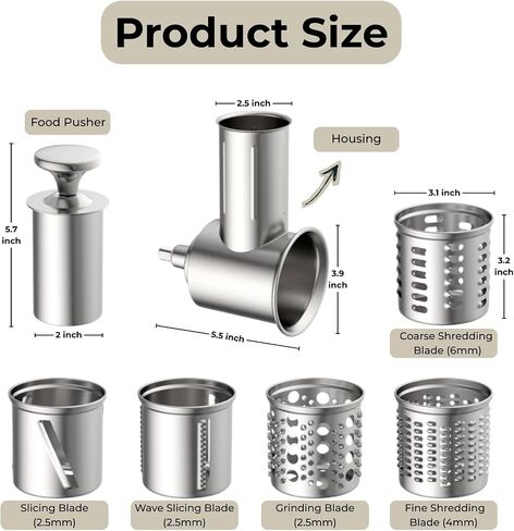 5-in-1 Stainless Steel Slicer Shredder Attachment Compatible with KitchenAid Stand Mixers, Cheese Grater Attachment, Vegetable Shredder, Salad Maker with 5 Cutting Blades, Dishwasher Safe in Saudi Arabia