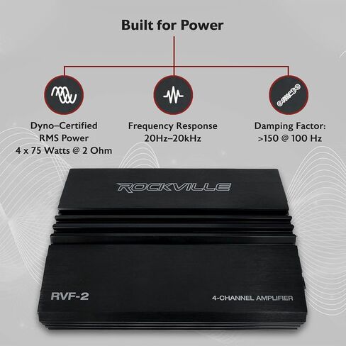 مضخم صوت السيارة Rockville RVF-2 ذو 4 قنوات، 1200 وات ذروة/300 وات RMS، فئة AB، MOSFET، كروس قابل للتعديل، Bass EQ، مثالي لمكبرات الصوت وصوت السيارة | مصدر طاقة MOSFET، كروس قابل للتعديل، 12 ديسيبل باس EQ، حماية IC، بداية ناعمة، 2 أوم ثابت، LP/HP F in Kuwait