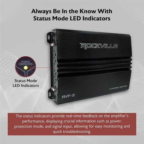 مضخم صوت السيارة Rockville RVF-2 ذو 4 قنوات، 1200 وات ذروة/300 وات RMS، فئة AB، MOSFET، كروس قابل للتعديل، Bass EQ، مثالي لمكبرات الصوت وصوت السيارة | مصدر طاقة MOSFET، كروس قابل للتعديل، 12 ديسيبل باس EQ، حماية IC، بداية ناعمة، 2 أوم ثابت، LP/HP F in Kuwait