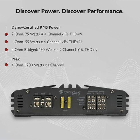 مضخم صوت السيارة Rockville RVF-2 ذو 4 قنوات، 1200 وات ذروة/300 وات RMS، فئة AB، MOSFET، كروس قابل للتعديل، Bass EQ، مثالي لمكبرات الصوت وصوت السيارة | مصدر طاقة MOSFET، كروس قابل للتعديل، 12 ديسيبل باس EQ، حماية IC، بداية ناعمة، 2 أوم ثابت، LP/HP F in Kuwait