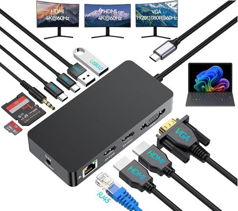 Surface Thunderbolt 4 Docking Station, 12-in-1 Surface Pro Dock Dual 4K@60Hz HDMI VGA Triple Monitor Adapter Compatible with Microsoft Surface Pro 13 12 11 10 9 8 7 X, Surface Laptop 7 6 5, Go, Book in Kuwait