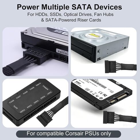 كابل طاقة SATA لوحدات PSU المعيارية من Corsair، كابل مقسم طاقة SATA من 6 دبابيس إلى 3X 15 دبوس، محول بأكمام مضفرة لمحرك الأقراص الصلبة HDD SSD، بطاقة Riser، مسافة 20 بوصة + 6 بوصة in Kuwait