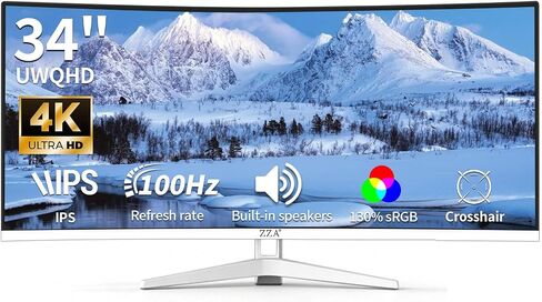ZZA 34 Inch Ultrawide Curved Monitor Built in Speakers 4K Gaming Computer Monitor 100Hz, WQHD(3440x1440P) Curved 3800R 21:9 Ultra Wide PC Display, 130% sRGB, HDMI &DP, VESA Mount Compatible-White in Saudi Arabia