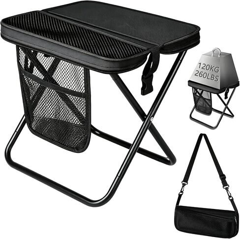 Portable Folding Stool Small Collapsible Camping Chair, 11.8" Tall Heavy Duty Travel Camp Seat Crossbody Bag Foot Stool Foldable Backpack Chair with 3 Pocket for Outdoor Hiking Picnic, Black in Saudi Arabia