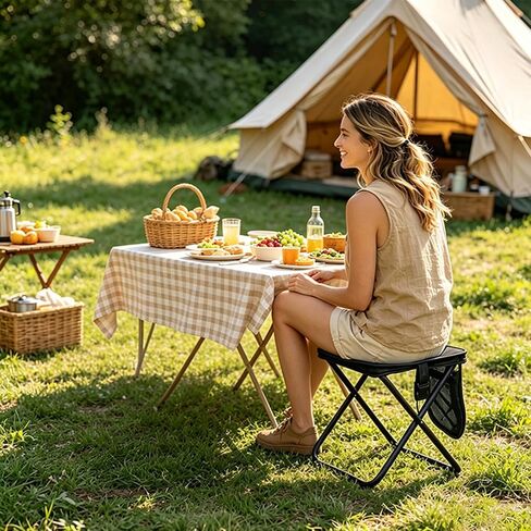 Portable Folding Stool Small Collapsible Camping Chair, 11.8" Tall Heavy Duty Travel Camp Seat Crossbody Bag Foot Stool Foldable Backpack Chair with 3 Pocket for Outdoor Hiking Picnic, Black in Saudi Arabia