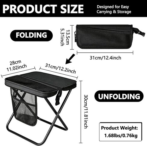 Portable Folding Stool Small Collapsible Camping Chair, 11.8" Tall Heavy Duty Travel Camp Seat Crossbody Bag Foot Stool Foldable Backpack Chair with 3 Pocket for Outdoor Hiking Picnic, Black in Saudi Arabia