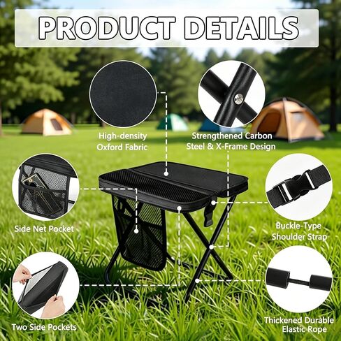 Portable Folding Stool Small Collapsible Camping Chair, 11.8" Tall Heavy Duty Travel Camp Seat Crossbody Bag Foot Stool Foldable Backpack Chair with 3 Pocket for Outdoor Hiking Picnic, Black in Saudi Arabia