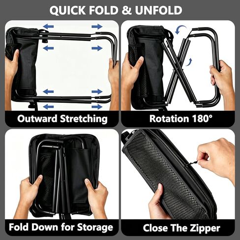 Portable Folding Stool Small Collapsible Camping Chair, 11.8" Tall Heavy Duty Travel Camp Seat Crossbody Bag Foot Stool Foldable Backpack Chair with 3 Pocket for Outdoor Hiking Picnic, Black in Saudi Arabia