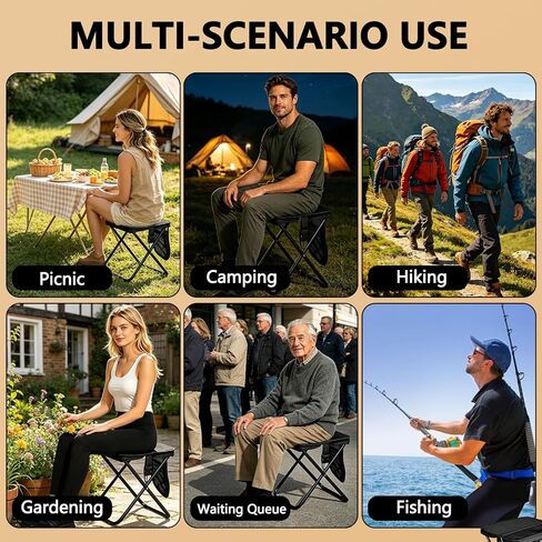 Portable Folding Stool Small Collapsible Camping Chair, 11.8" Tall Heavy Duty Travel Camp Seat Crossbody Bag Foot Stool Foldable Backpack Chair with 3 Pocket for Outdoor Hiking Picnic, Black in Saudi Arabia