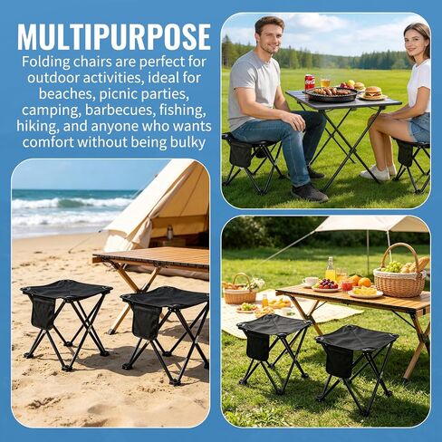 2 Pack Camping Stool with Carry Bag, 13 Inch Folding Lightweight Outdoor Chairs, Portable Stool Seat with Side Pocket for Outdoor Hiking, Fishing, Picnic & Beach in Saudi Arabia