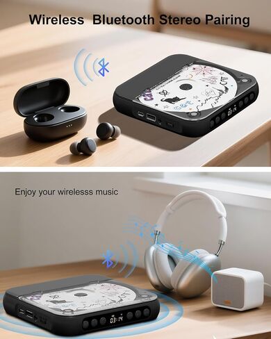 ENVYCLOUD CD Player Portable with Dual Stereo Speakers, Rechargeable Portable CD Player with Bluetooth for Home with Headphones, Support CD/AUX/USB,Black in Saudi Arabia