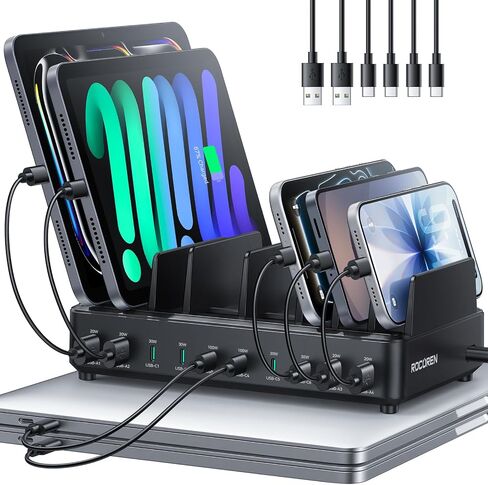 Rocoren 400W 10‑Port Charging Station,Dual PD 100W Dock w/ 6 Cables in Kuwait